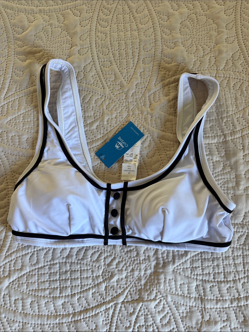 Cupshe White Swim Sports Bra with Black Piping and Button Front